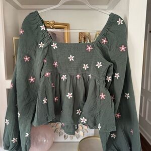 Altar'd State Green Blouse with Pink Floral Embroidery